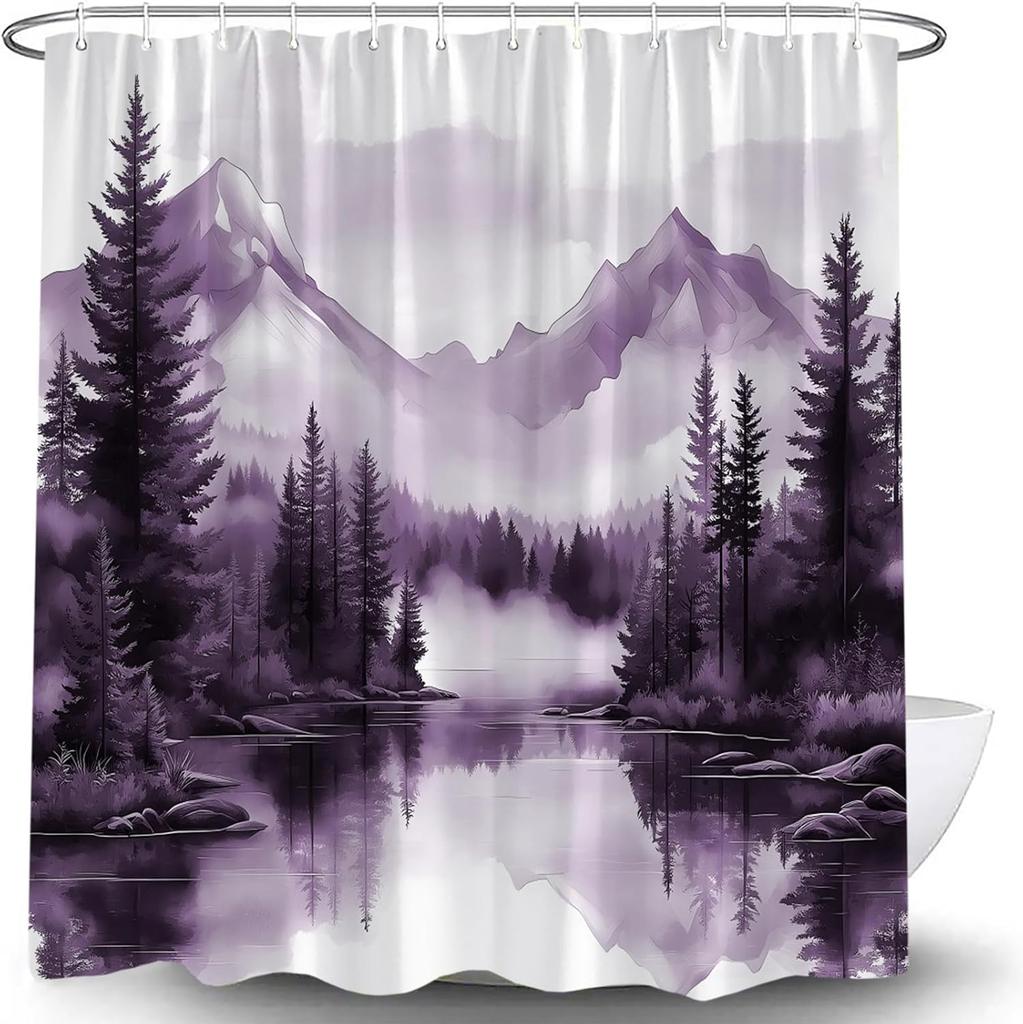 Green Misty Forest Shower Curtain Mountain Foggy Pine Trees Landscape Watercolor Jungle Plant Rustic Nature Scenery Lake Fabric