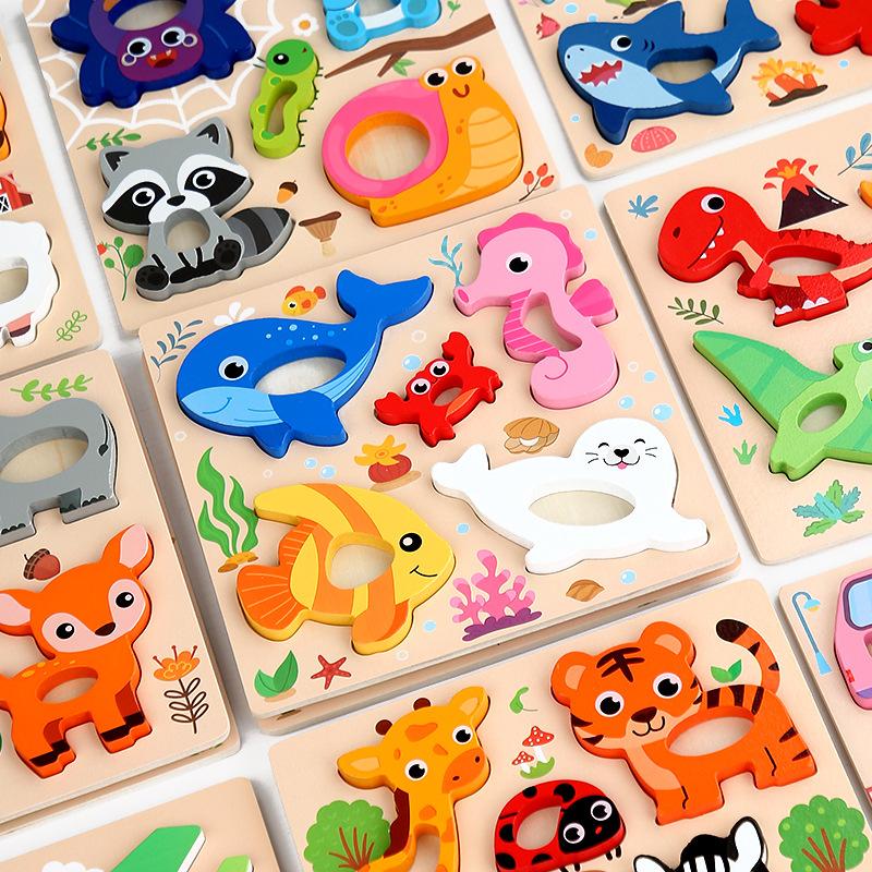 Montessori 3D Holzpuzzle Cartoon-Tiere Muster Puzzle Brettspiel Kinder Lernen Lernspielzeug Geschenke Ideal für Kinder