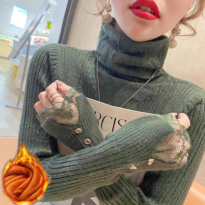 Sweter dzianinowy z wysokim dekoltem i wycięciami jako baza Damski jesienno-zimowy koronkowy delikatny styl Sweter z golfem Top