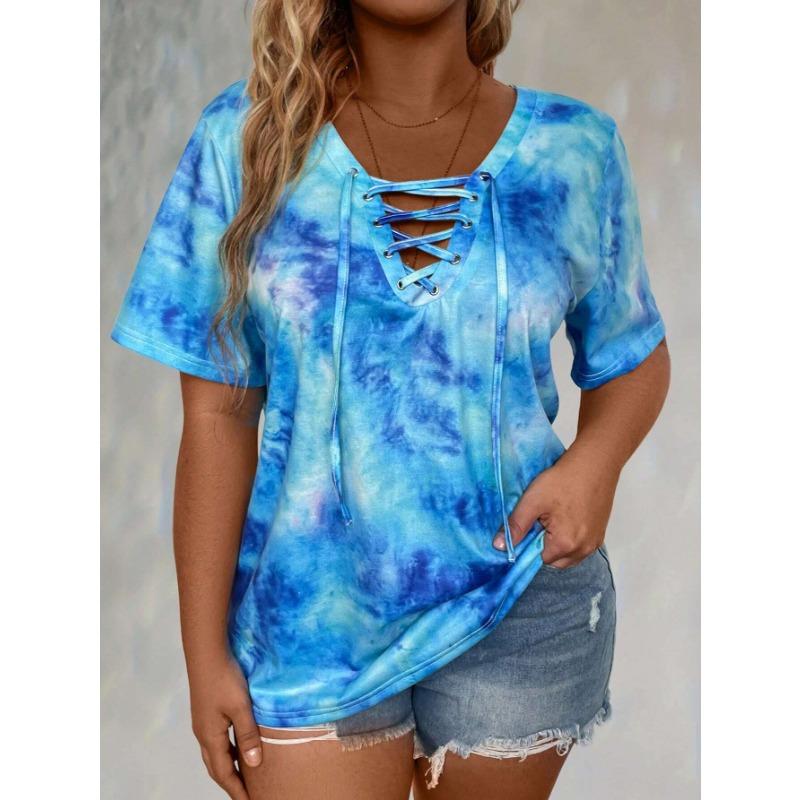

Plus Size Women s Tie Dye Lace Up T-Shirt Short Sleeve V Neck Casual Loose Fit Summer Top 1XL синій