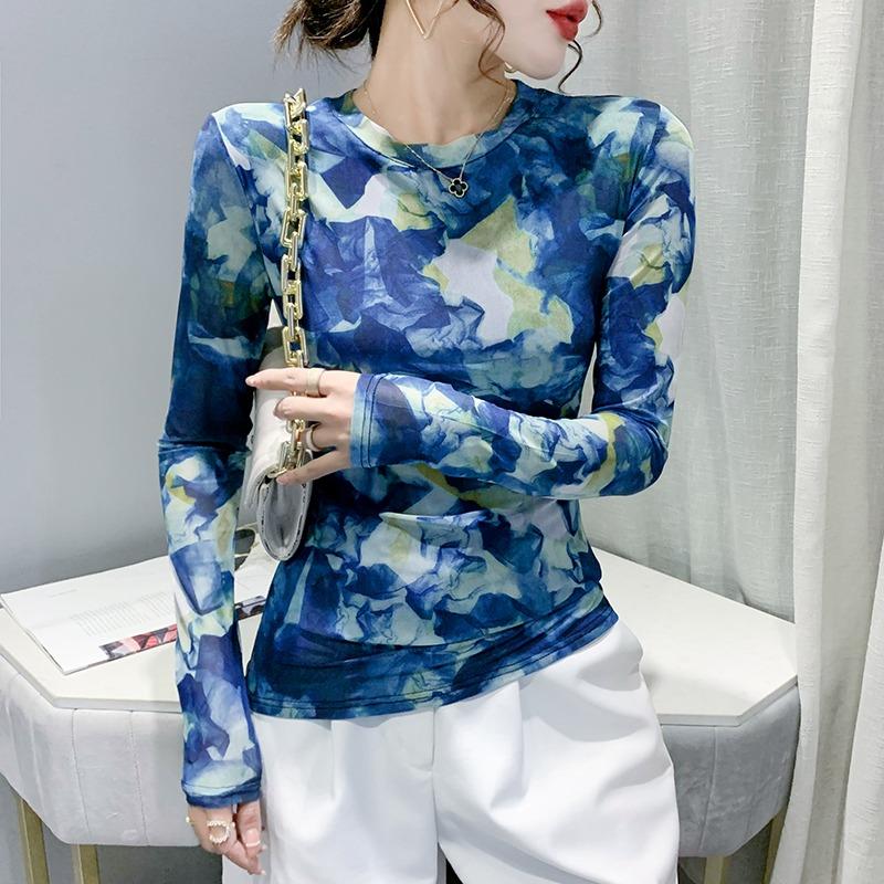 Size S-3XL Autumn Spring Full Sleeve O-Neck T-shirt Girls Solid Stretchy Printed Mesh TShirts Tops Women Tees