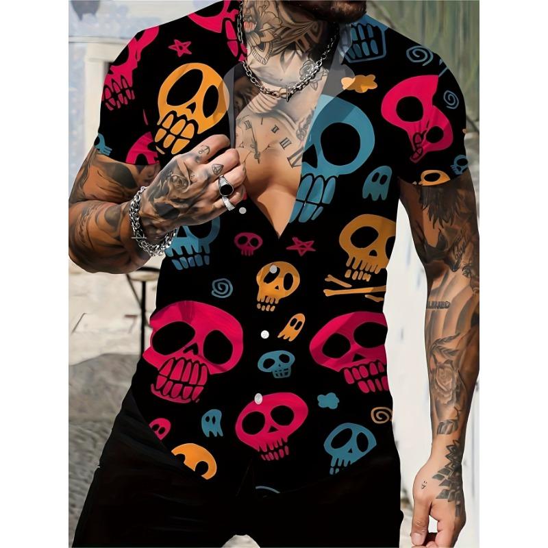 Men S Casual 3D Skull Print Hawaiian Shirt - Summer Short Sleeve XS