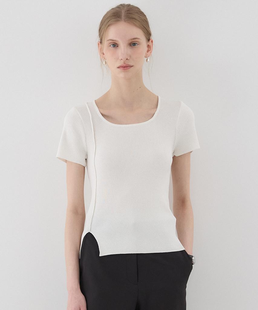 OURHOPE Ribbed Square Neck Slit Knit - White