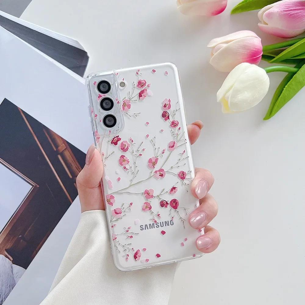 Süße handbemalte Handyhülle mit Blumen für Samsung S25 S24 S22 S21 FE Ultra Klare Silikonhüllen für Samsung Galaxy S23 Plus Ultra Hülle