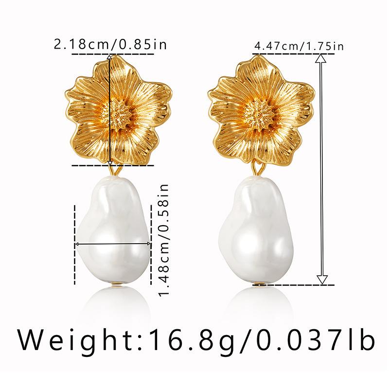 Pearl stud earrings - floral french vintage style earrings - 18k gold plated, tarnish-resistant jewelry 18K