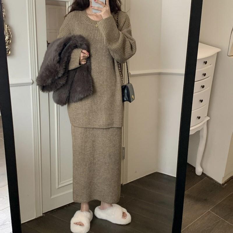 Womens Oversized Knit Sweater Midi Skirt Set Winter Casual Lounge Outfit Pure Color Acrylic Blend