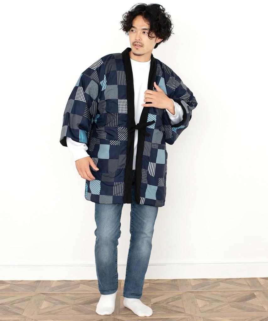 KYOETSU Men's Winter Fleece Hanten (1. Navy Checkered Pattern, Size M)