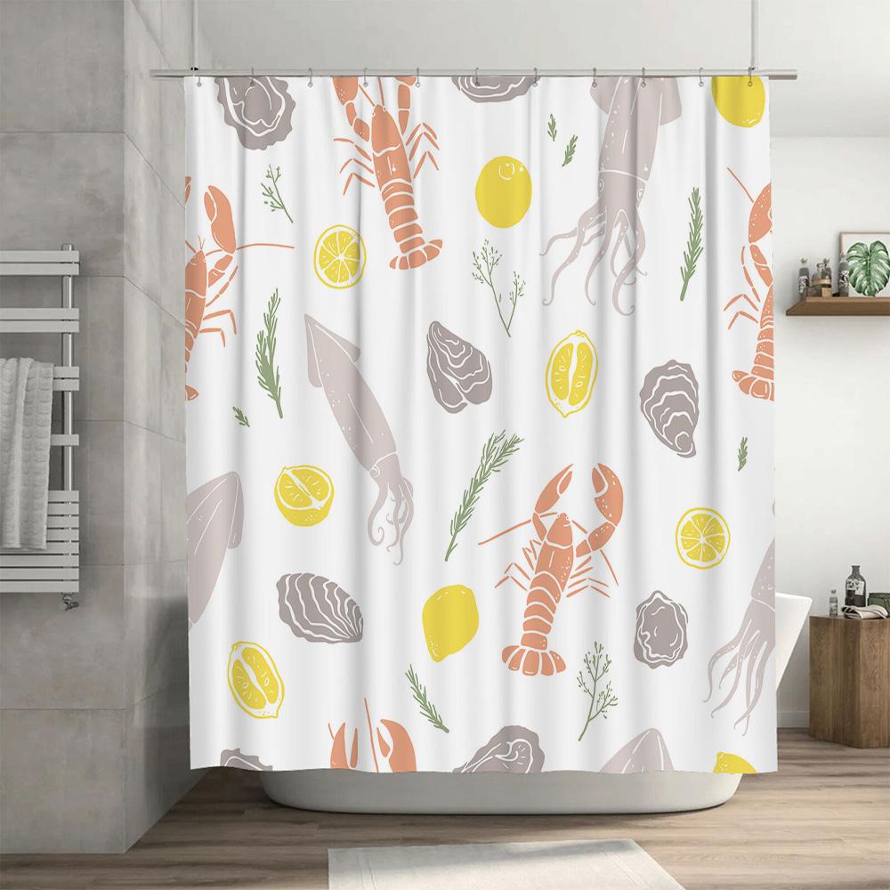 Seafood-Themed Shower Curtain With Octopus And Lobster Design For Bathroom Decor Peach Yellow Orange Gray Color Pattern Waterpro