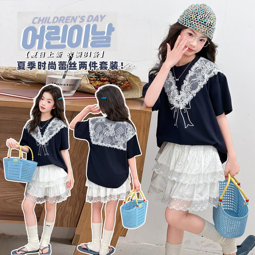 Girls' skirt set summer two-piece set 2026 new children's shawl T-shirt gauze skirt sweet summer clothes