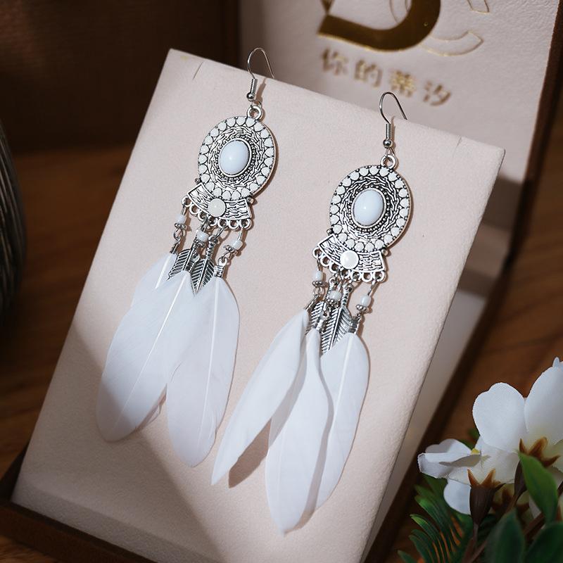 Bohemian Ethnic Long Drop Feather Earrings For Women Beads Handmade Enamel Boho Dangle Earrings Silver Color Jewelry Pendientes