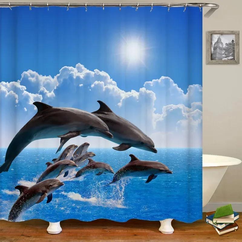 Dolphin Shower Curtain Sea Theme Shower Curtain Hook Washable Dolphin Waterproof 3D Animals Shower Curtain for Bathroom Decor