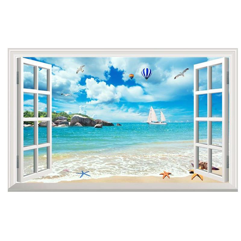 57*90cm 3D Plážový Racek Horkovzdušný Balón Falešné Okno Nástěnná Malba Obývací Pokoj Ložnice Odnímatelná Nástěnná Samolepka Hoom Dekor