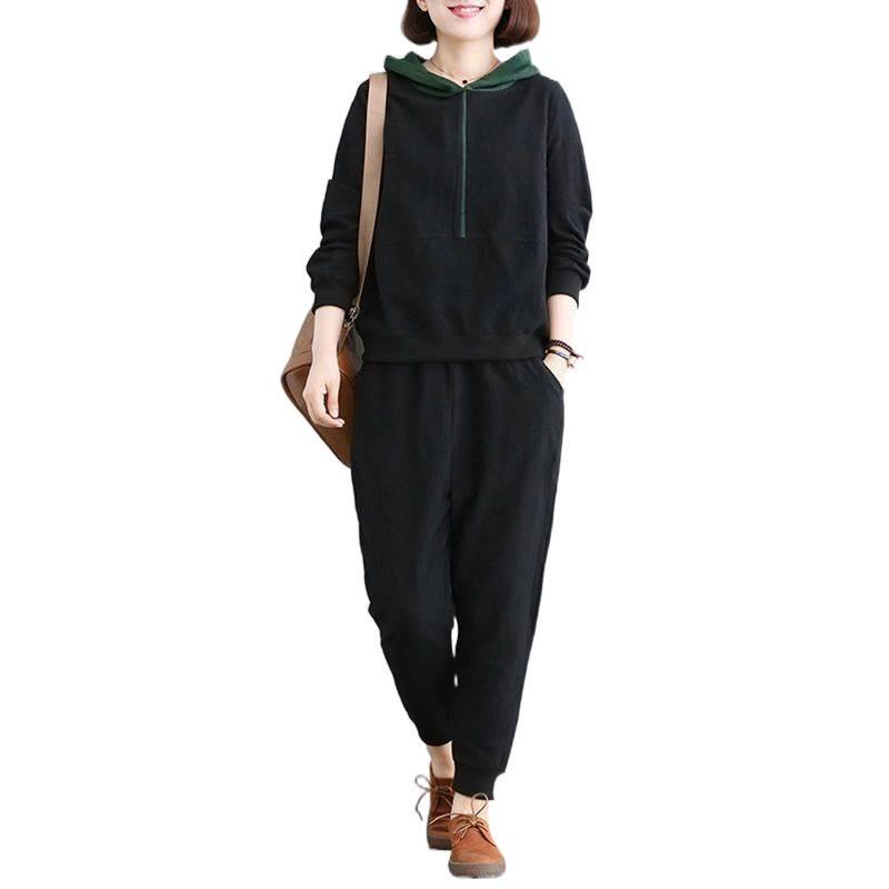 Women's Plus Size Hooded Two-Piece Set - Loose Fit, Long Sleeve, Spring/Autumn 2026 Korean Style