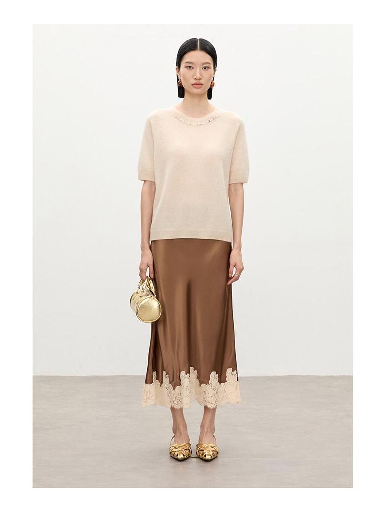 Elegancka damska długa spódnica z koronkowymi wstawkami z acetatu – 2026 Modny, przylegający do bioder design