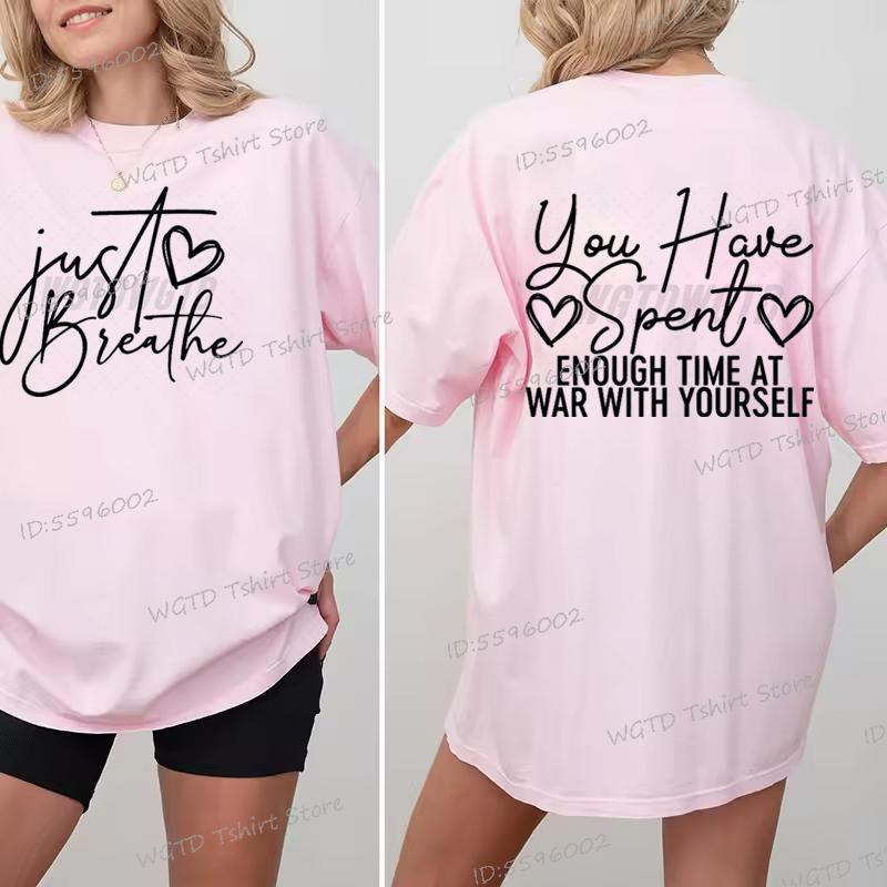 Just Breathe Heart Design T-shirt Inspirational Quotes Graphic Tee Trendy Mothers Day Gifts Positive Crewneck Short Sleeve Shirt