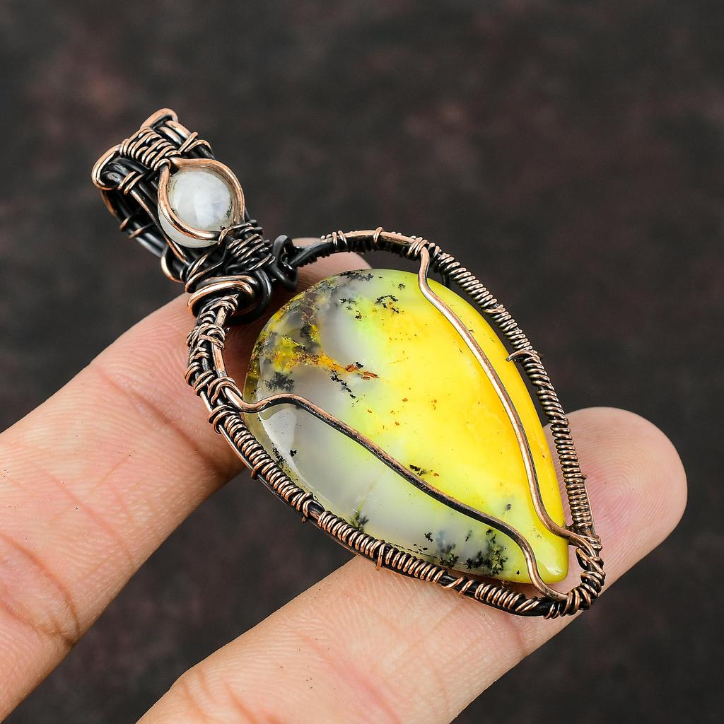 Yellow Dendrite Opal Copper Wire Pendant Copper Wire Wrapped Gemstone Jewelry Moonstone Pendant Handmade Pendant Copper Pendant Gift For Mom