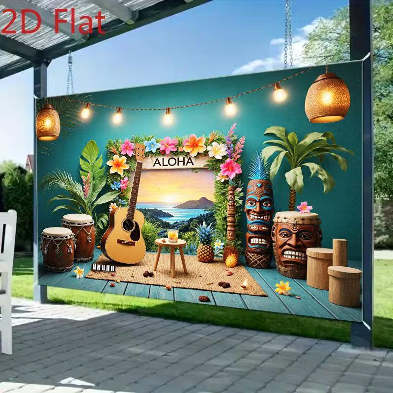 2D Teal Aloha Tiki Backdrop, Sunset Ocean & Palm Tree Scene Background Cloth 47.2x31.5inch/120*80cm