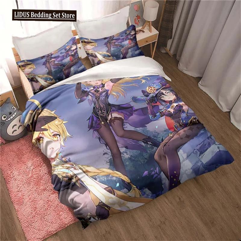 Genshin Impact Gioco Anime Copripiumino 3 Pezzi Copripiumino Letto Copripiumino Letto Matrimoniale King Biancheria per la Casa Ragazzi Adulti