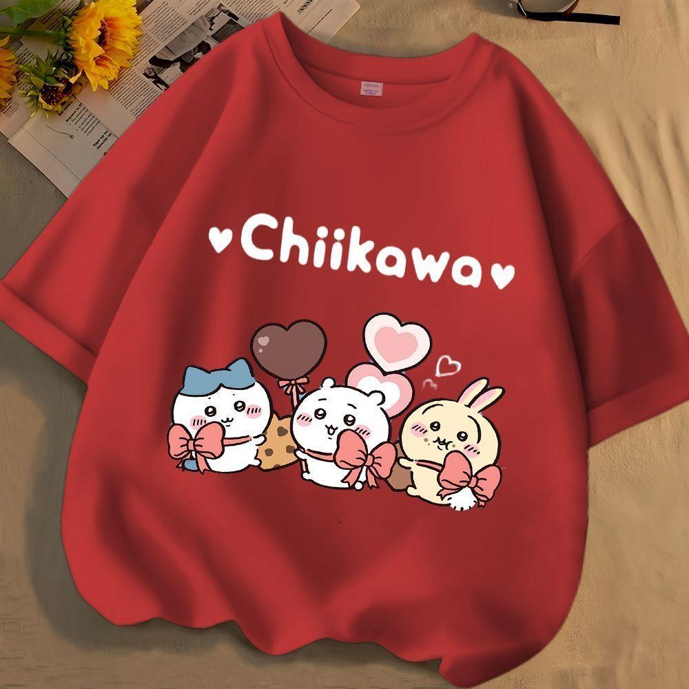 Chiikawa Cartoon Print Cotton Short Sleeve Round Neck Unisexs Tshirt Trendy Summer Cute Loose Fashion Unisexs Tshirt Tops