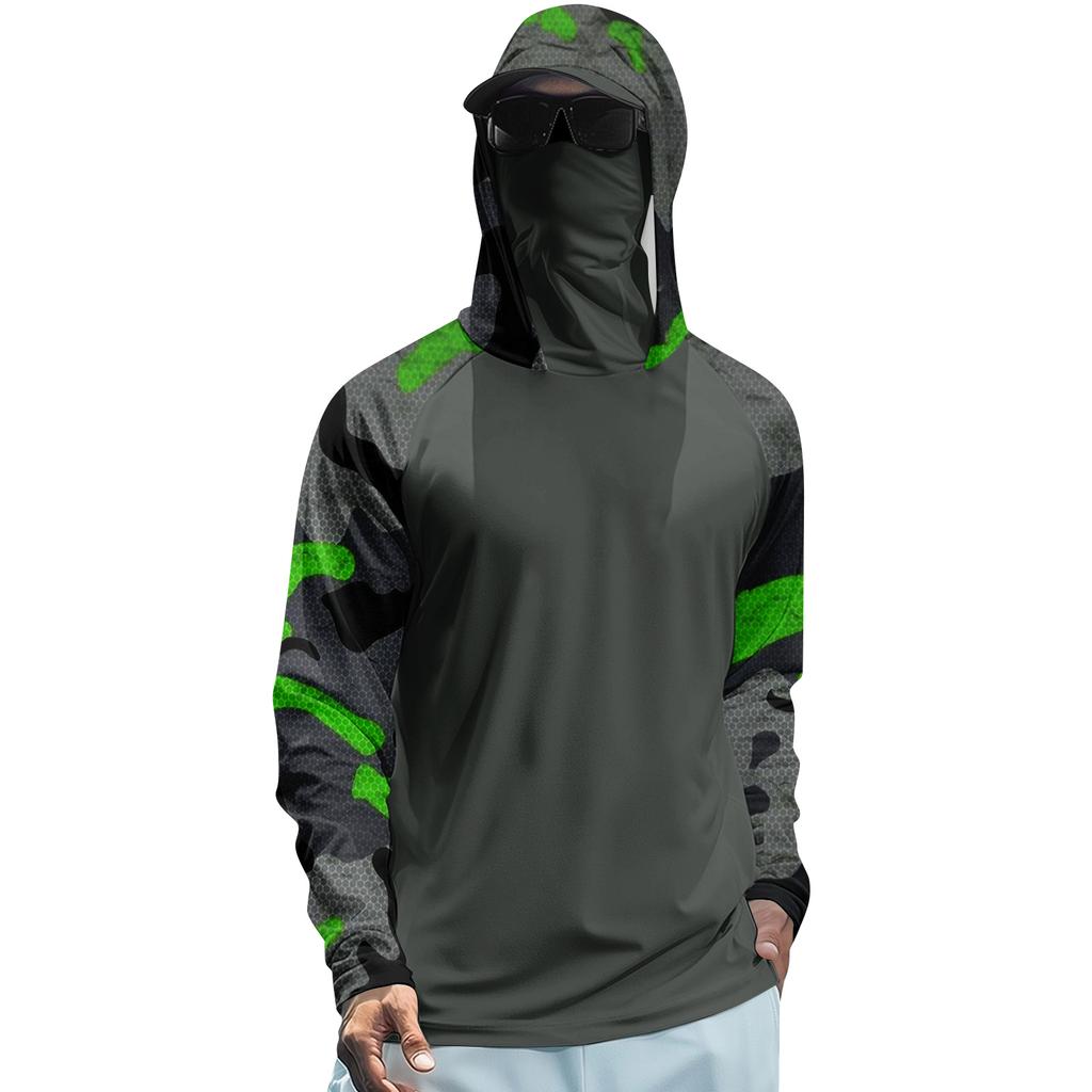 Men’s Long Sleeve Hooded Quick Dry T Shirt Lightweight Printed Sun Protection Top for Outdoor Sports Fishing Fitness