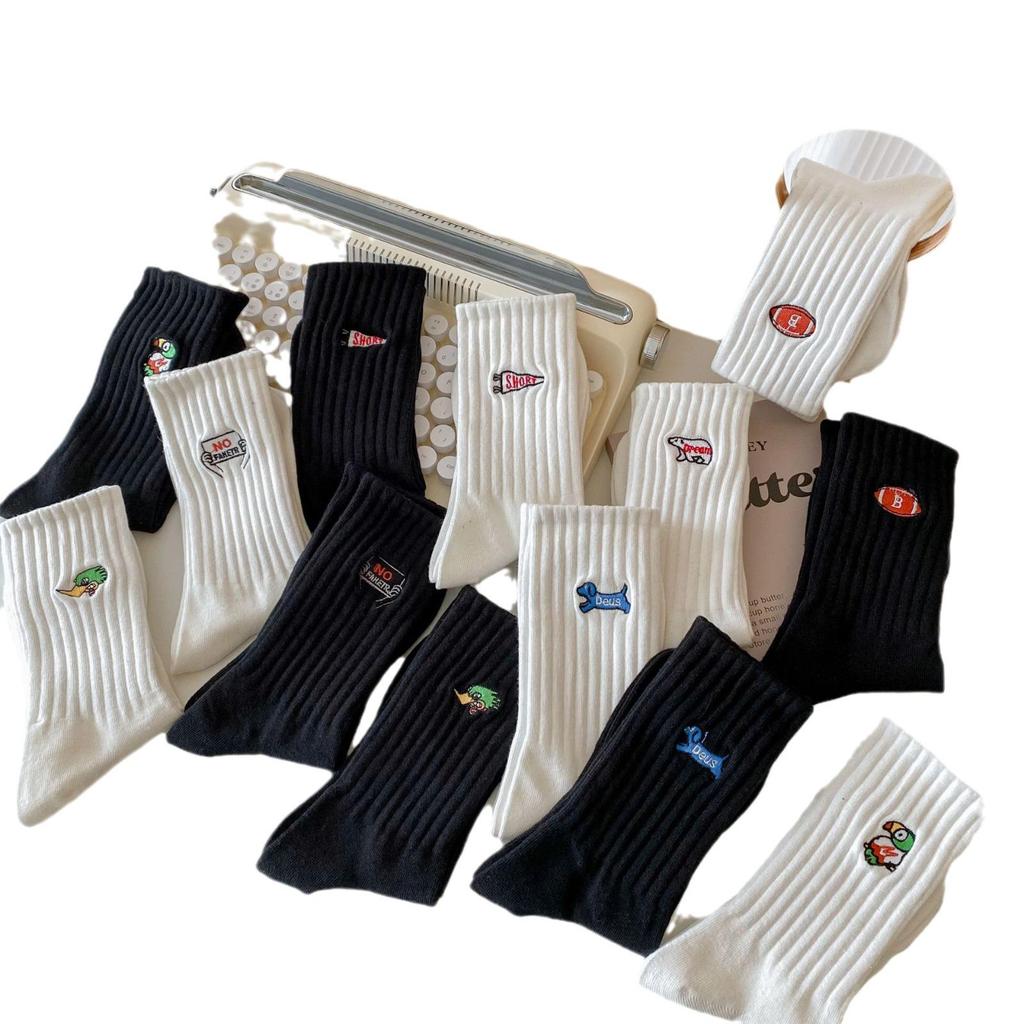 Men's Trendy Mid-High Cotton Socks with Polar Bear Embroidery - Black & White Sports Long Socks