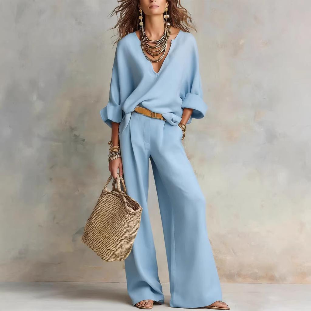 Women's Loose Casual Two-Piece Set Three Quarter Sleeve V Neck Blouse High Waist Wide Leg Pants Outfit