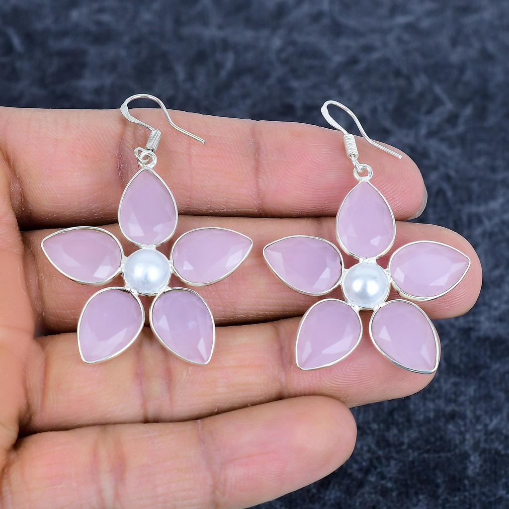 Pink Chalcedony Gemstone Handmade 925Sterling Silver Jewelry Earring 2.17" M-3155