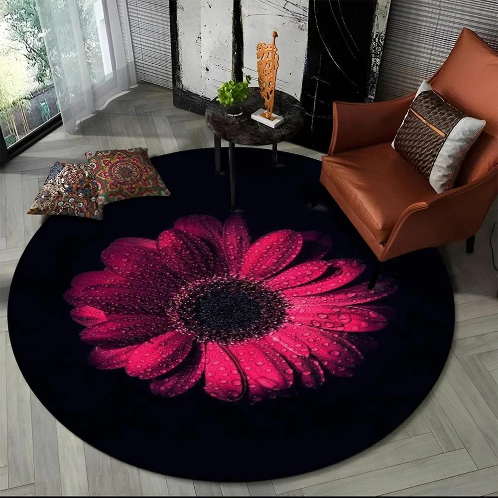 3D Luxusný koberec Flower Rose Daisy Nordic Okrúhly koberec do obývačky Spálňa Dekor stoličky do detskej herne, Protišmyková podložka pre domáce zvieratá