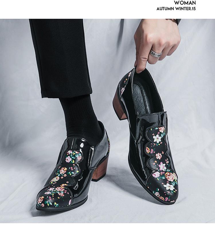 Men's Ethnic Style Autumn Floral Leather Shoes - Pointed Toe, Increased Height, Large Size, Formal & Casual, European & American Design.