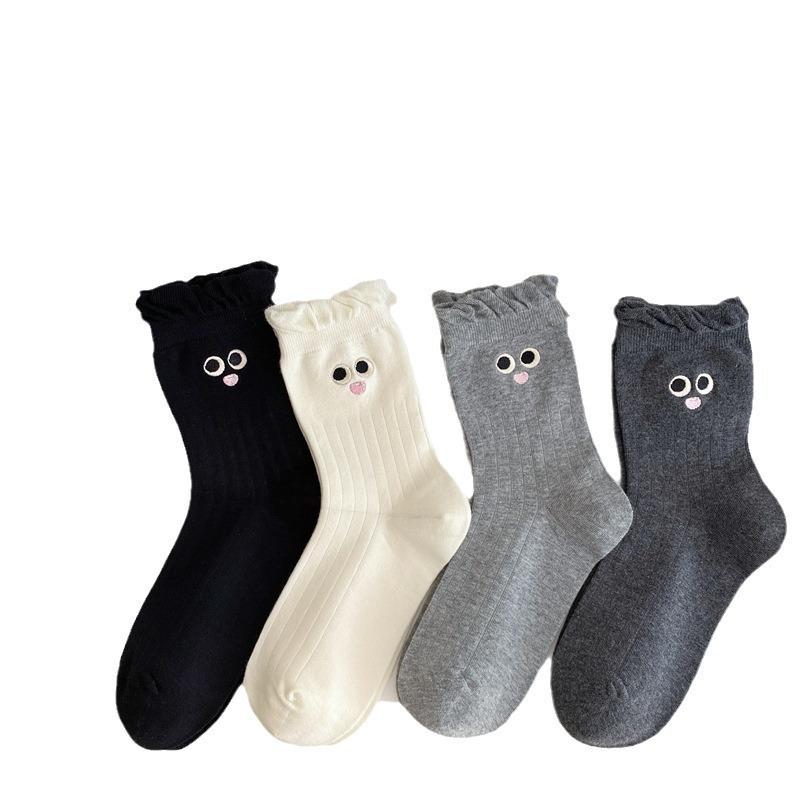 Female Spring Cotton Cute Cartoon Eyes Embroidered Bubble Mouth Tube Socks