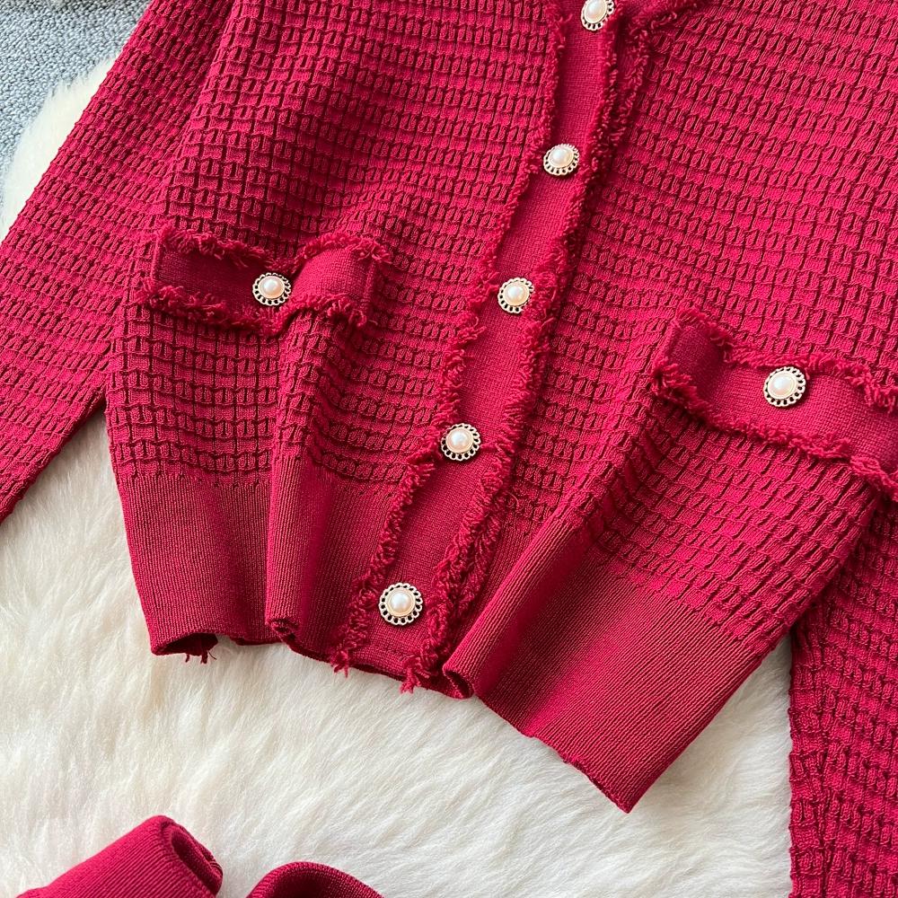 Autumn Winter Women Knitted Sweater Two Piece Set Full Sleeve V-neck Cardigans Coat and Long Midi A-line Skirt Outfits