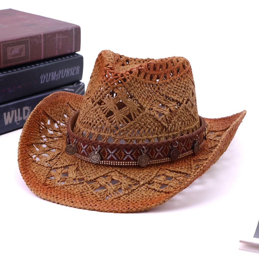 Multicolor Malan Paper Rope Hollow Western Cowboy Hat Hand-woven Sun Straw Hat Sun Protection Hat