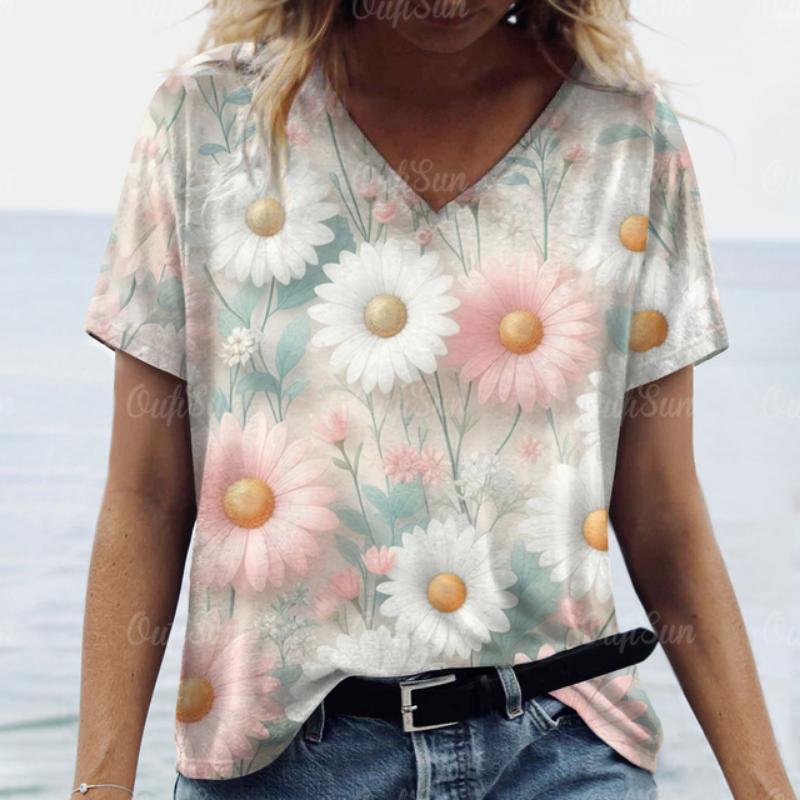 2025 Women T shirt Summer 3D Floral T-Shirt Plus Size Women's Clothing Oversized Designer Short Sleeve Shirt Women V Neck Blouse