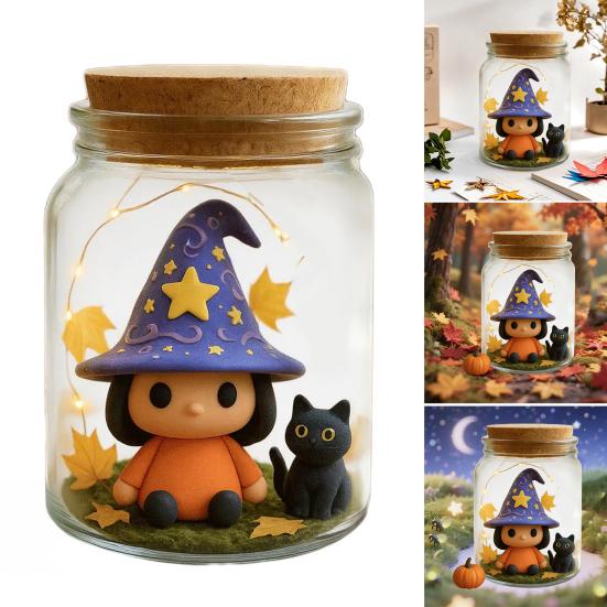 Adopt A Witch Hat Jar Halloween Witch Hat Doll with Black Cat in Jar Cute Light-up Decorative Jar for DIY Craft Gifts Party Favors