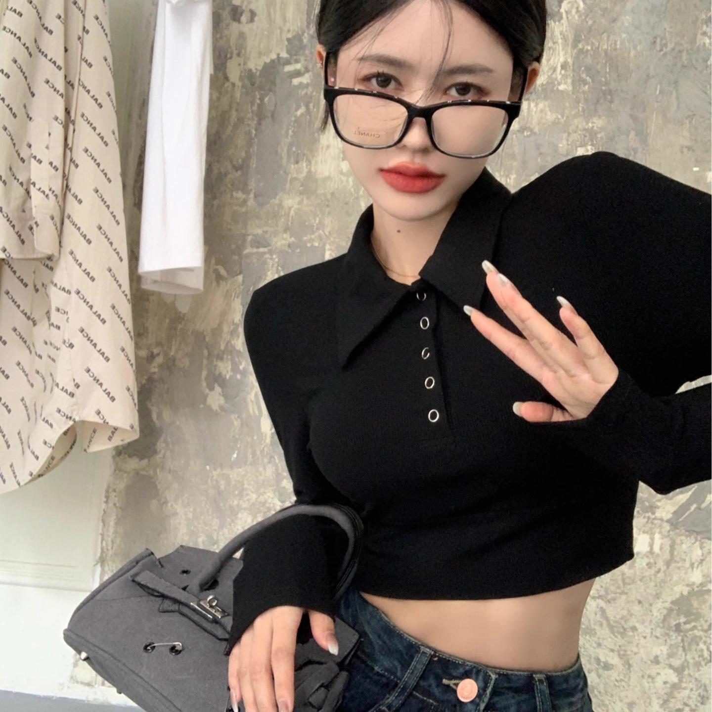 

Korean front shoulder long sleeve solid color Polo neck T-shirt short design sense thin versatile bottoming shirt top XL чорний