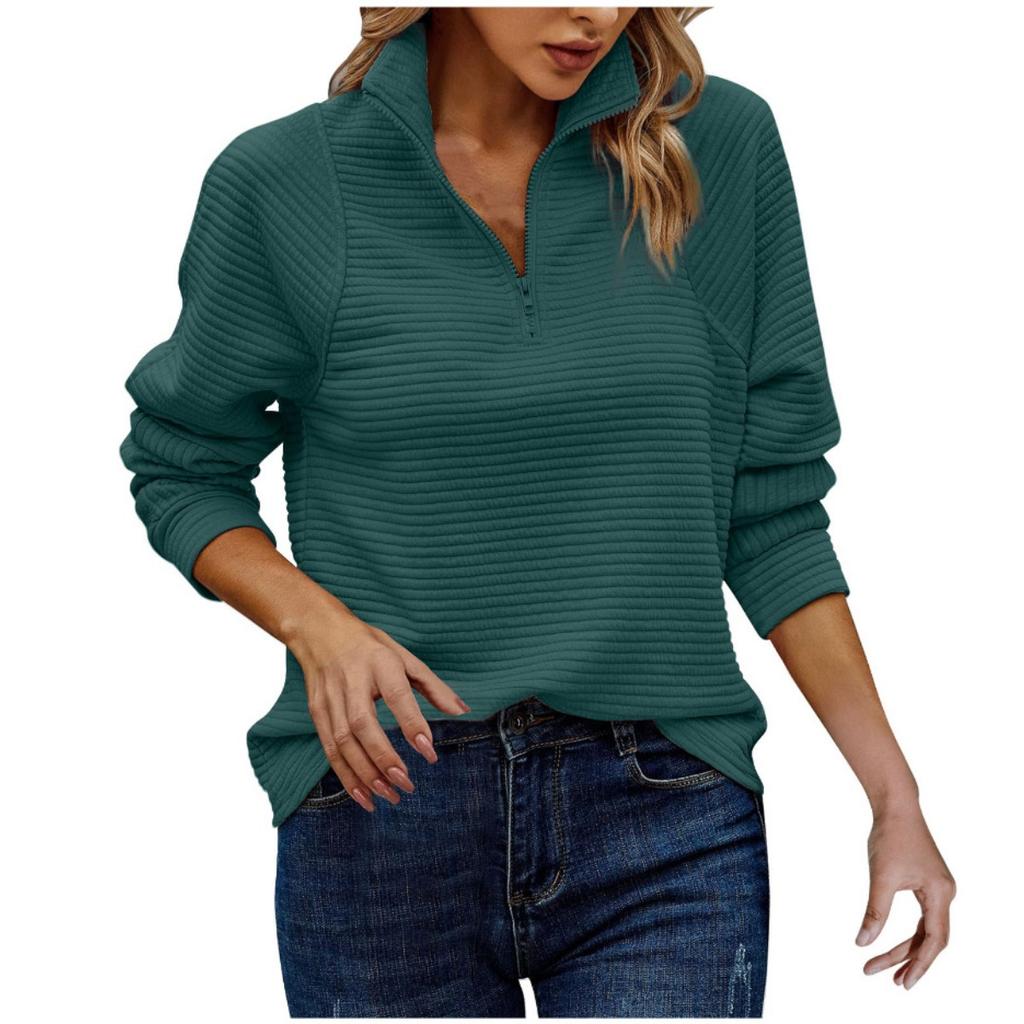 Women's Casual Knitted Zipper Sweater, Long-sleeved V-neck Loose Pullover, Pure Color, Suitable for Wearing In Spring and Autumn, Regular Hem