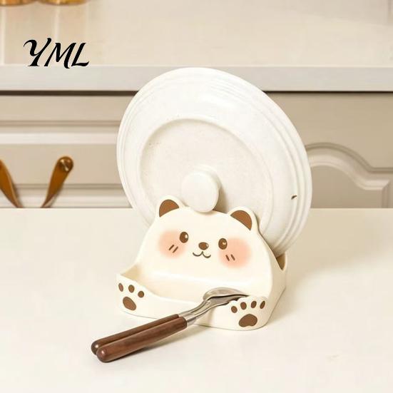Kitchen Countertop Storage Cute Bear Pot Lid Holder for Countertop, Multipurpose ABS Practical Cooking Helper Plastic Spatula Spoon Rest, Easy