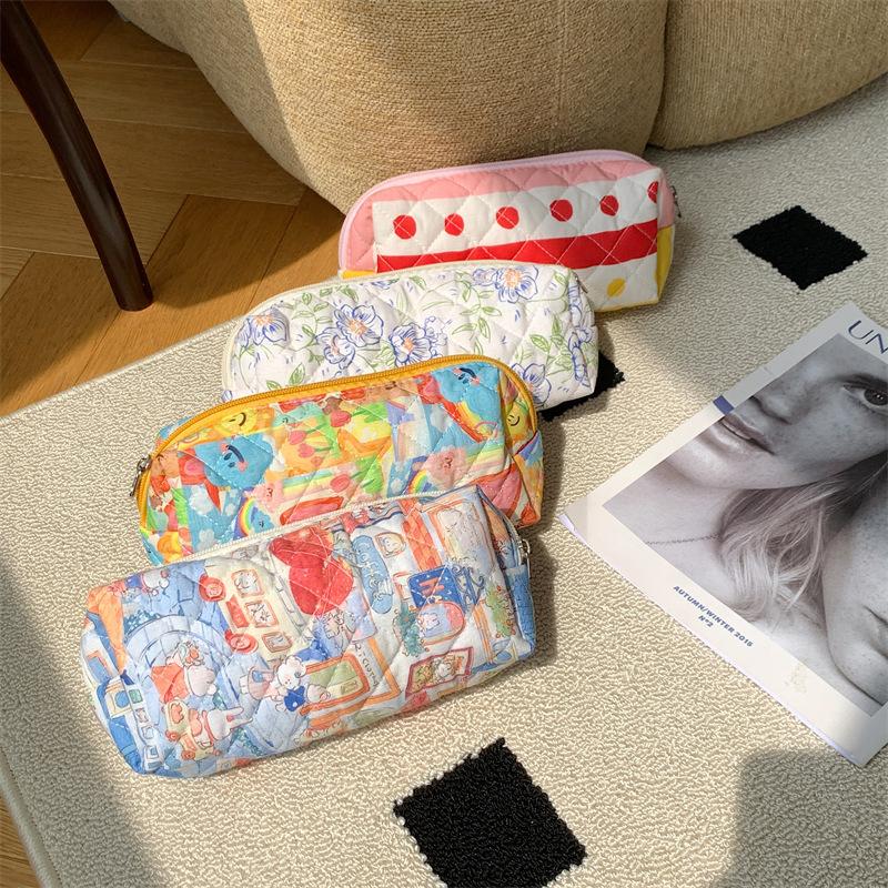 Striped Colorful Ins Dots Blue Flowers Love Graffiti Cotton Fabric Bag Cosmetic