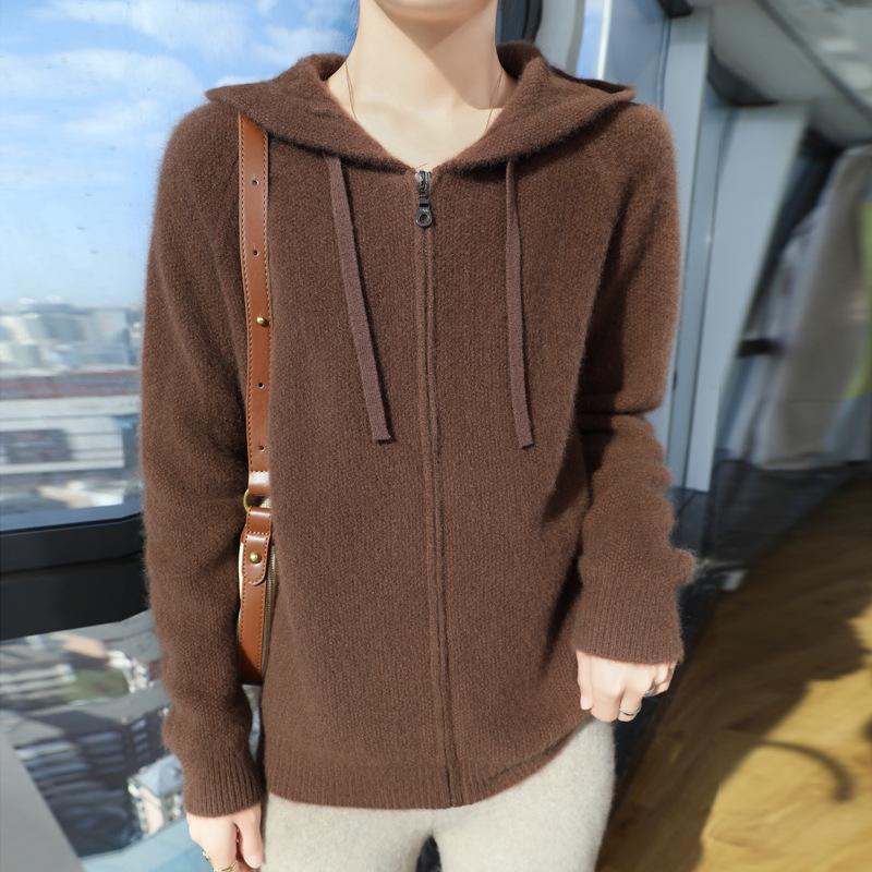 Wool Knitted Jacket for Women Solid Color Autumn and Winter Women's Hooded Double Zipper Sweater Cardigan Thick Top