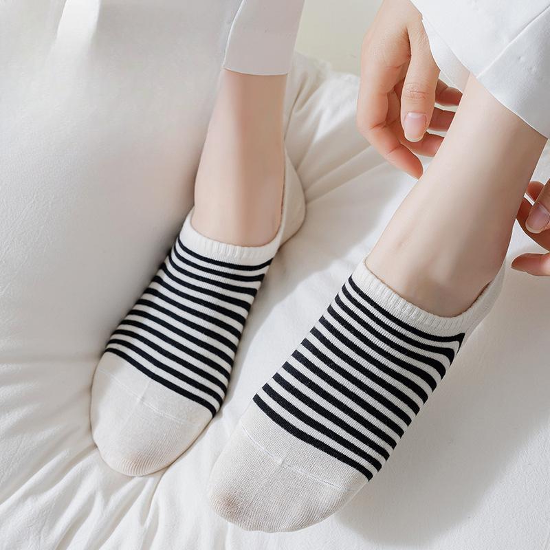 Women's Summer Striped Socks, Sweat-absorbing and Odor-proof Cotton Socks, Non-dropping Heel Invisible Socks, Boat Socks, Short Socks