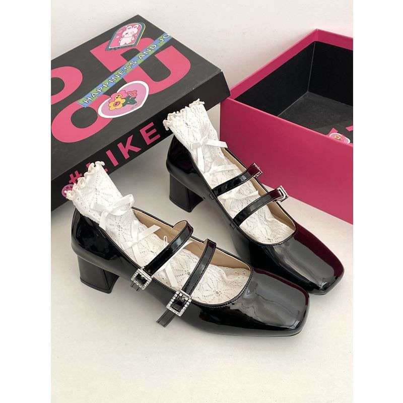 French Square Head Platform Thick Heel Shallow Mouth Single Shoes Women's Spring 2025 Simple Fashion Versatile Mary Jane Small Leather Shoes