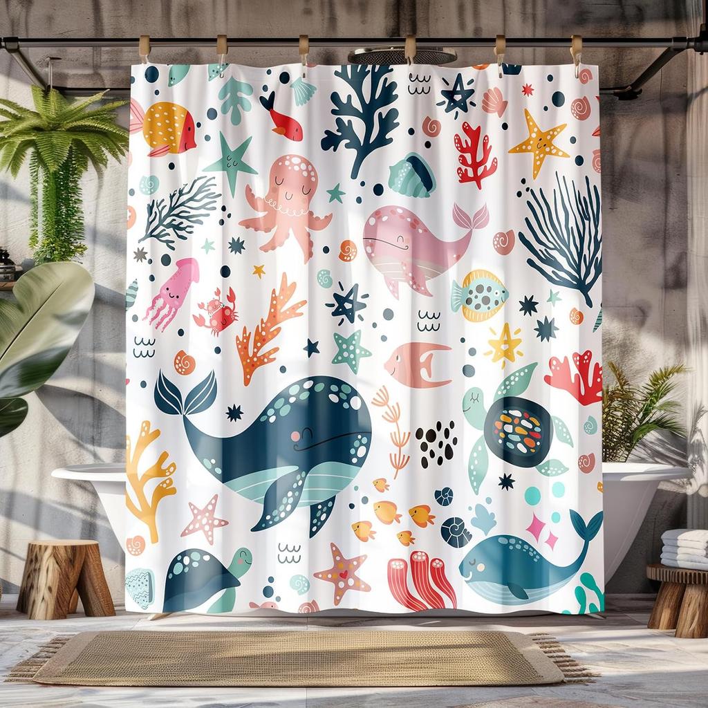 Peopleareok Nautical Coastal Shower Curtain, Funny Kids Sea Turtle Seashell Starfish Shower Curtain for Bathroom Decor, Polyeste