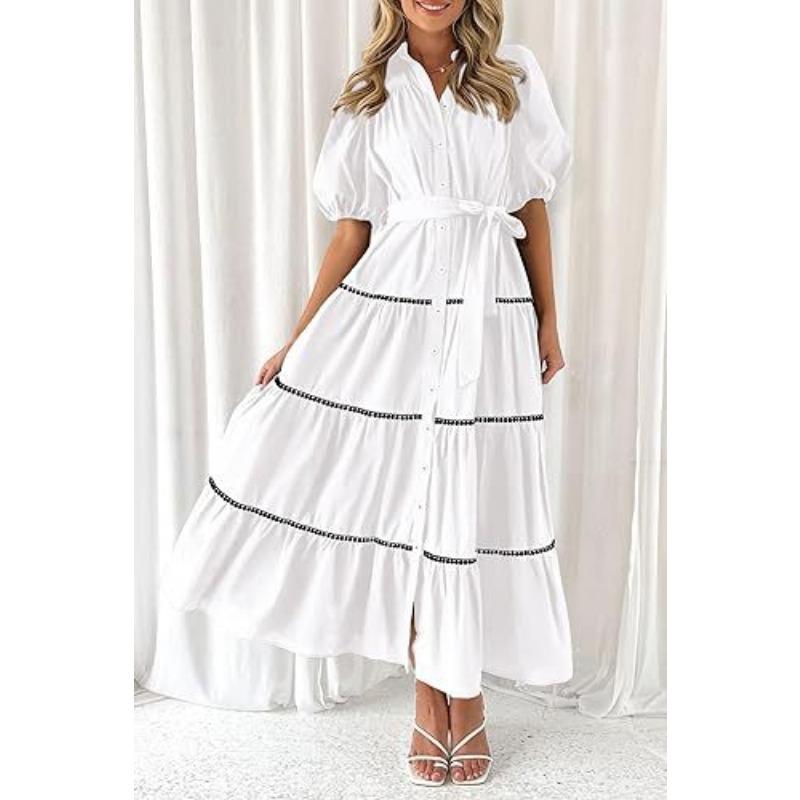 Elegantes Damen-Hemdkleid mit Rüschen in Übergröße, lockerer, plissierter Verband, Puffärmel, kurze Ärmel, Sommerkleid mit Knöpfen, modische Party-Prinzessinnenkleider 1078