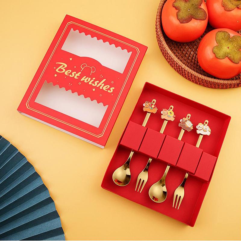 Year Of The Horse Chopsticks Spoons Set Gold Chinese  Year Stainless Steel Spoon Dessert Forks Decoration For Tableware