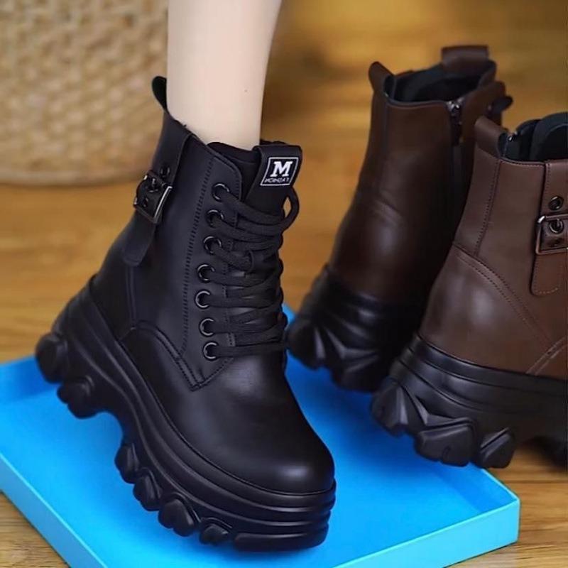 Designer Chunky Woman's Ankle Boots Spring Autumn Comfortable Warm Fur Wedge Leather Boots Increased 3CM Fashion Women Sneakers