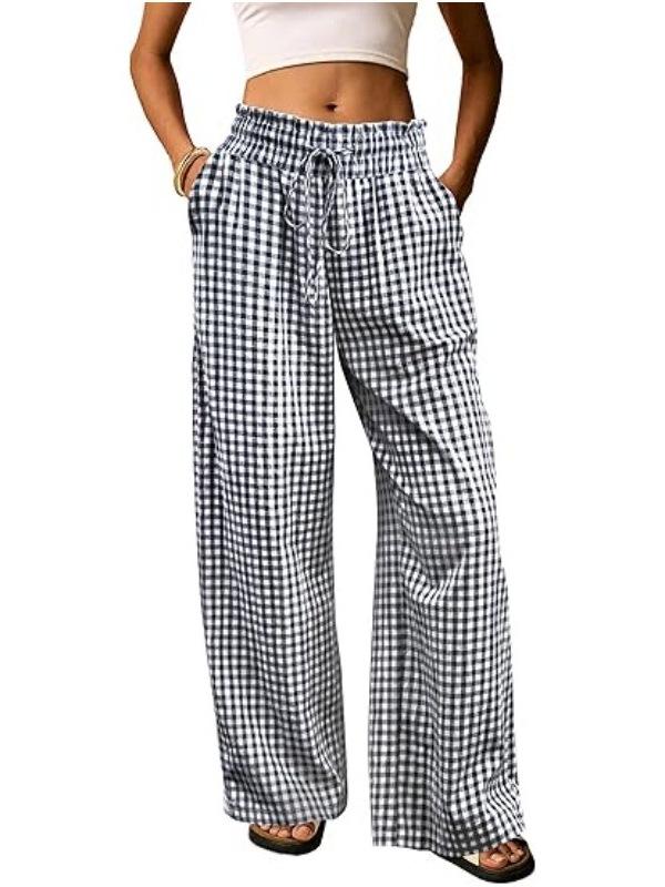 European Plaid Women's Wide-Leg Elastic High-Waist Pajama Pants with Drawstring