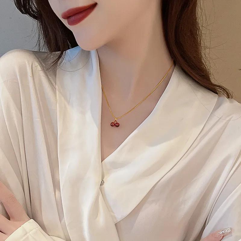 Little Wine Red Cherry Pendant Necklaces For Women Fashion Personality Fruit Golden Chain Necklace Party Zircon Birthday Gifts