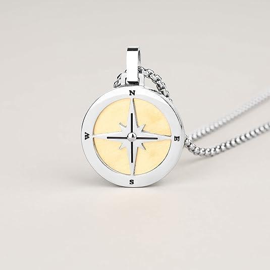 New Men's Fashion Compass Round Necklace Compass Titanium Steel Pendant