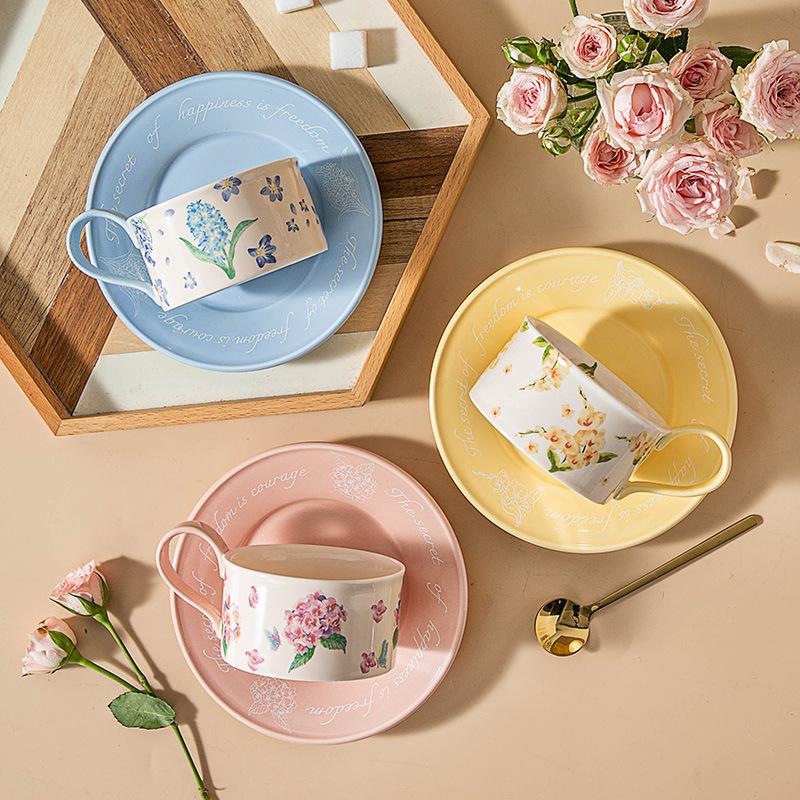 Modern Floral Ceramic Coffee Cup Set Home Office Afternoon Tea Suitable Breakfast Milk Oatmeal Cup Couple Mugs Home Decoration