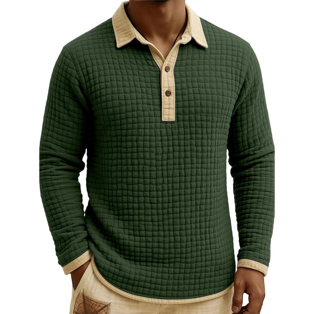 Men's Quilted Knit Color,blocked Pullover Button,down Top